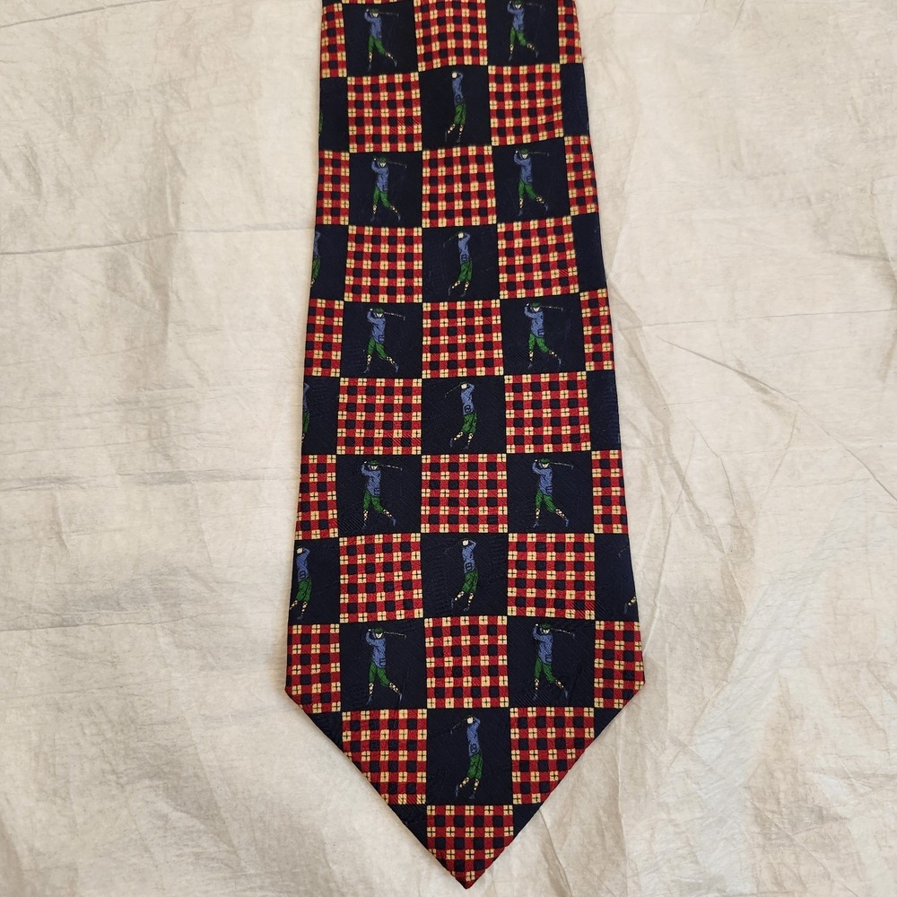 Tommy Hilfiger Silk Tie Golf Golfer Navy Red Plaid Check Made in USA Vintage